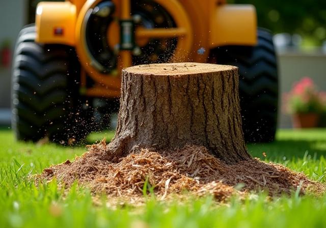 Stump grinder removing a tree stump from a residential lawn