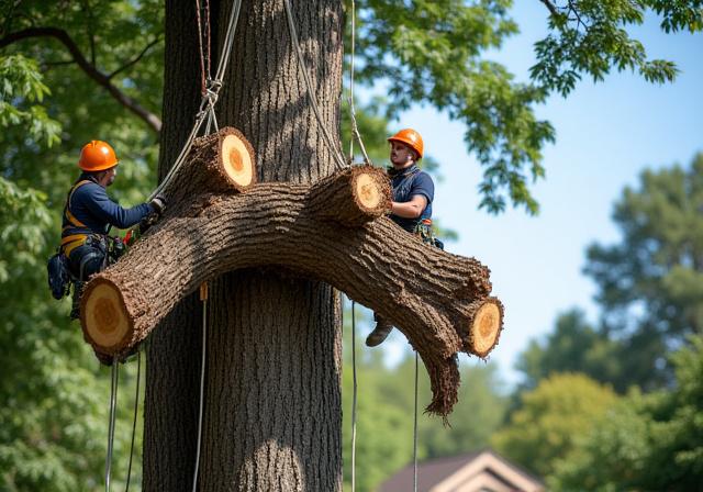 Skilled arborist using rigging to safely remove a large tree branch