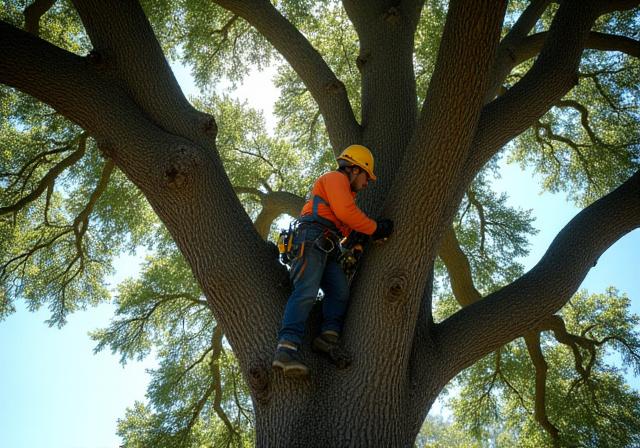 Professional tree trimming on a large oak tree in Jacksonville